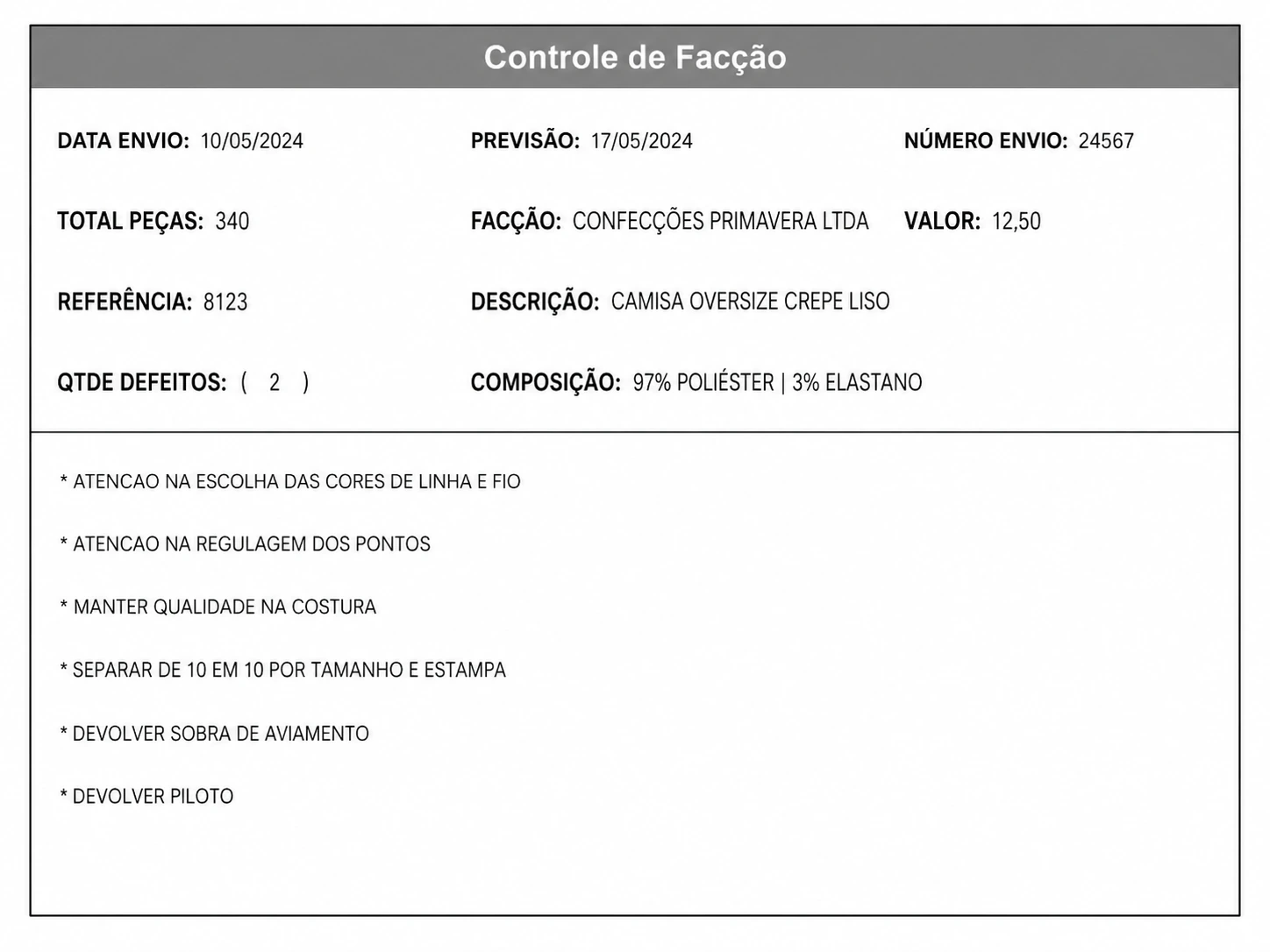 Recibo de envio de peças para facção ou terceirizado