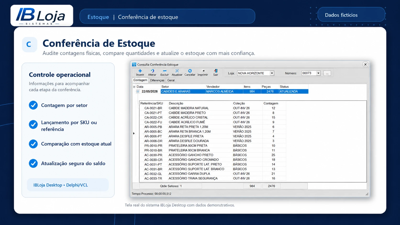Tela desktop do IBLoja para conferência de estoque por setor, responsável, referência e SKU.