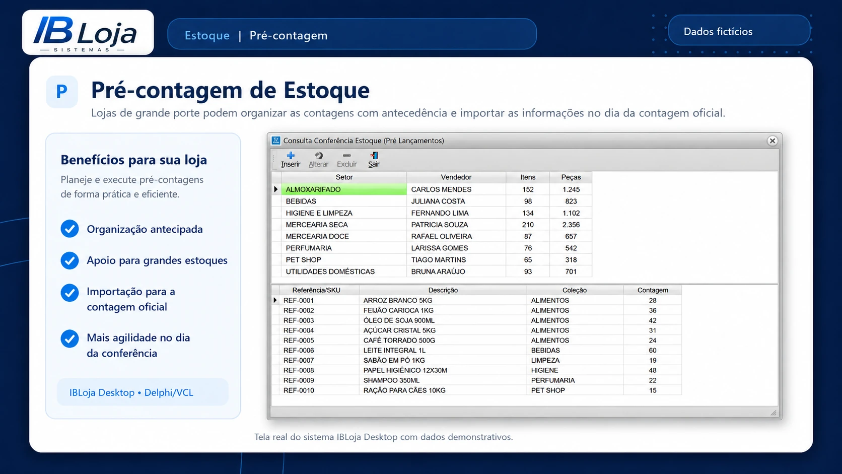 Tela desktop de pré-contagem de estoque por setor no sistema IBLoja.