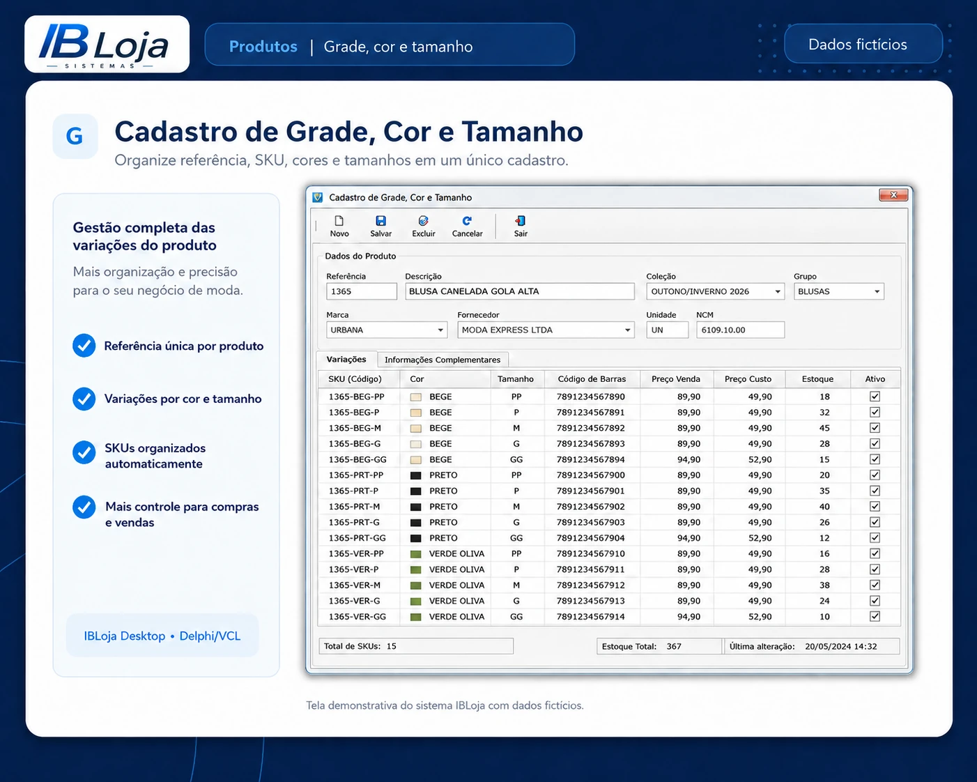 Tela do IBLoja com cadastro de grade, cor, tamanho, SKU e código de barras para produto de moda.