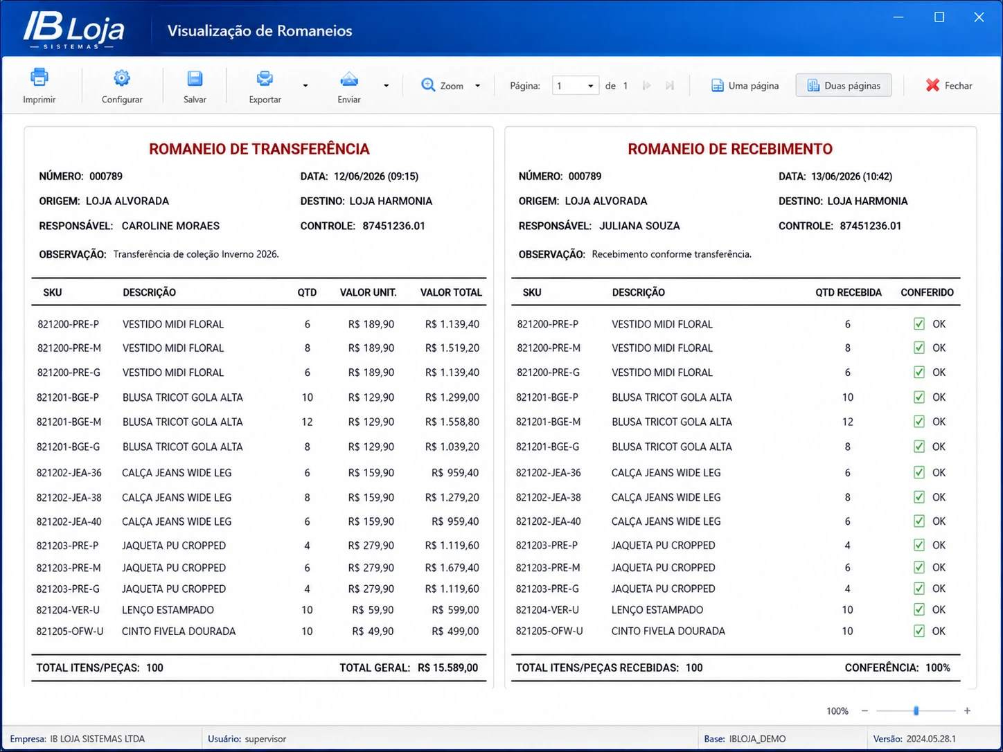 Romaneios de transferência e recebimento de mercadorias no IBLoja